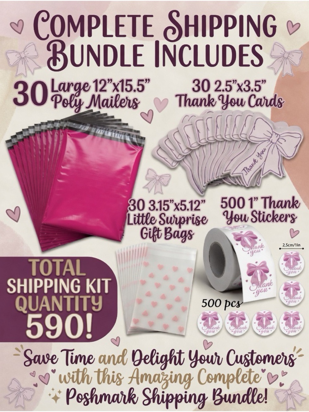 590pcs Shipping Bundle: 30 L Poly Mailers, 30 Cards, 30 Gift Bags & 500 Stickers